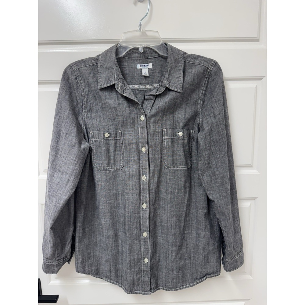 Old Navy Womens Medium Gray Twill Button Front Shirt Blouse White Stitching